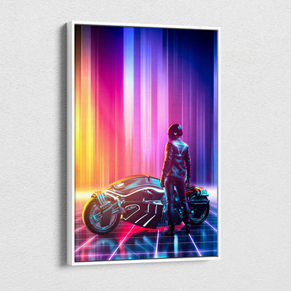 A framed digital canvas of a futuristic motorcycle with neon pink purple and blue lights and a rider in dark gear