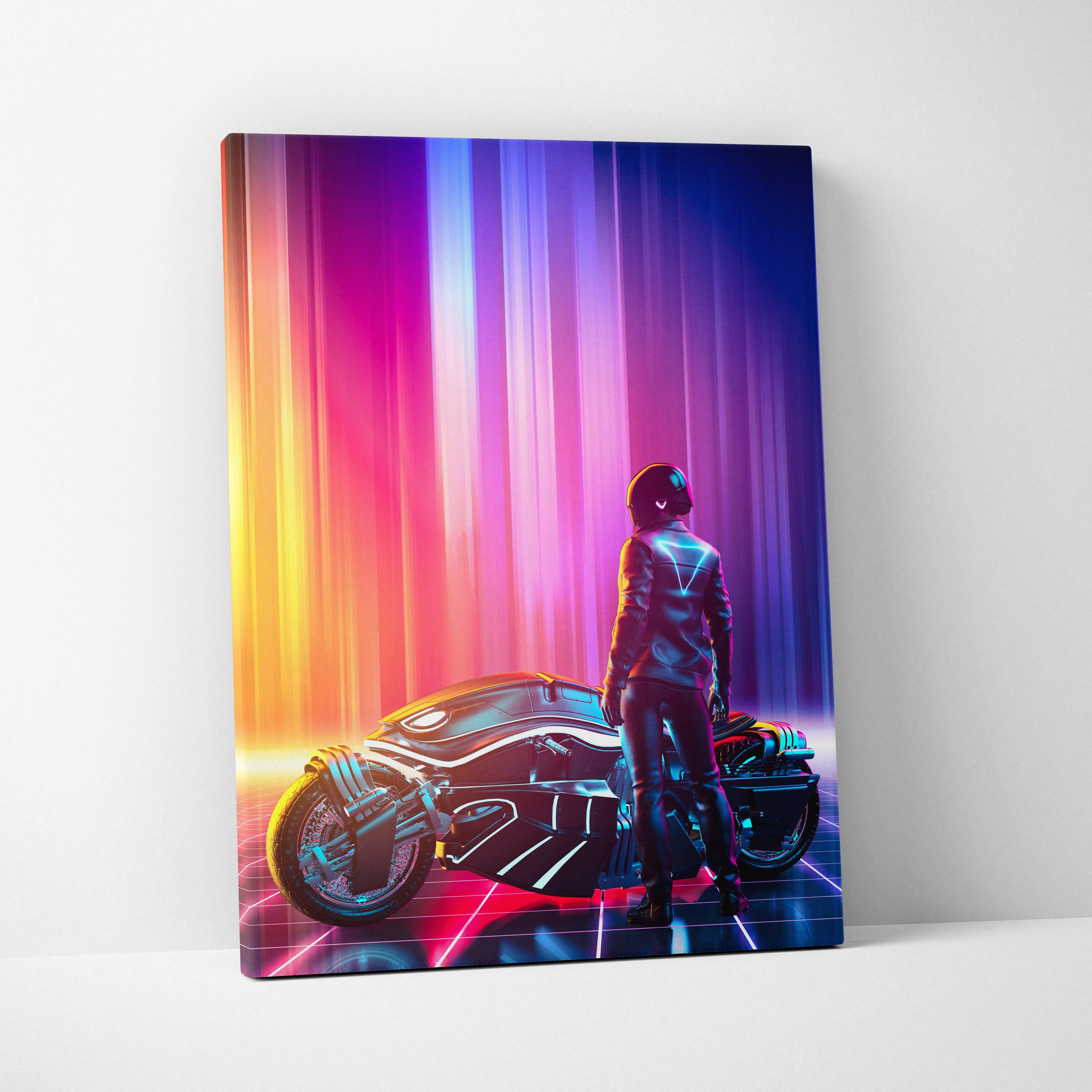 Neon-lit canvas print of a futuristic rider in black and silver suit beside a glowing cyberpunk motorcycle with vibrant gradient lights