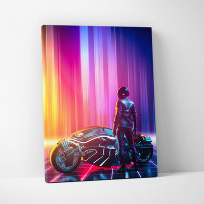 Neon-lit canvas print of a futuristic rider in black and silver suit beside a glowing cyberpunk motorcycle with vibrant gradient lights