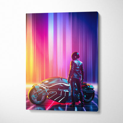 Neon cyberpunk motorcycle canvas art featuring a sleek black and chrome futuristic bike with purple and blue neon lights
