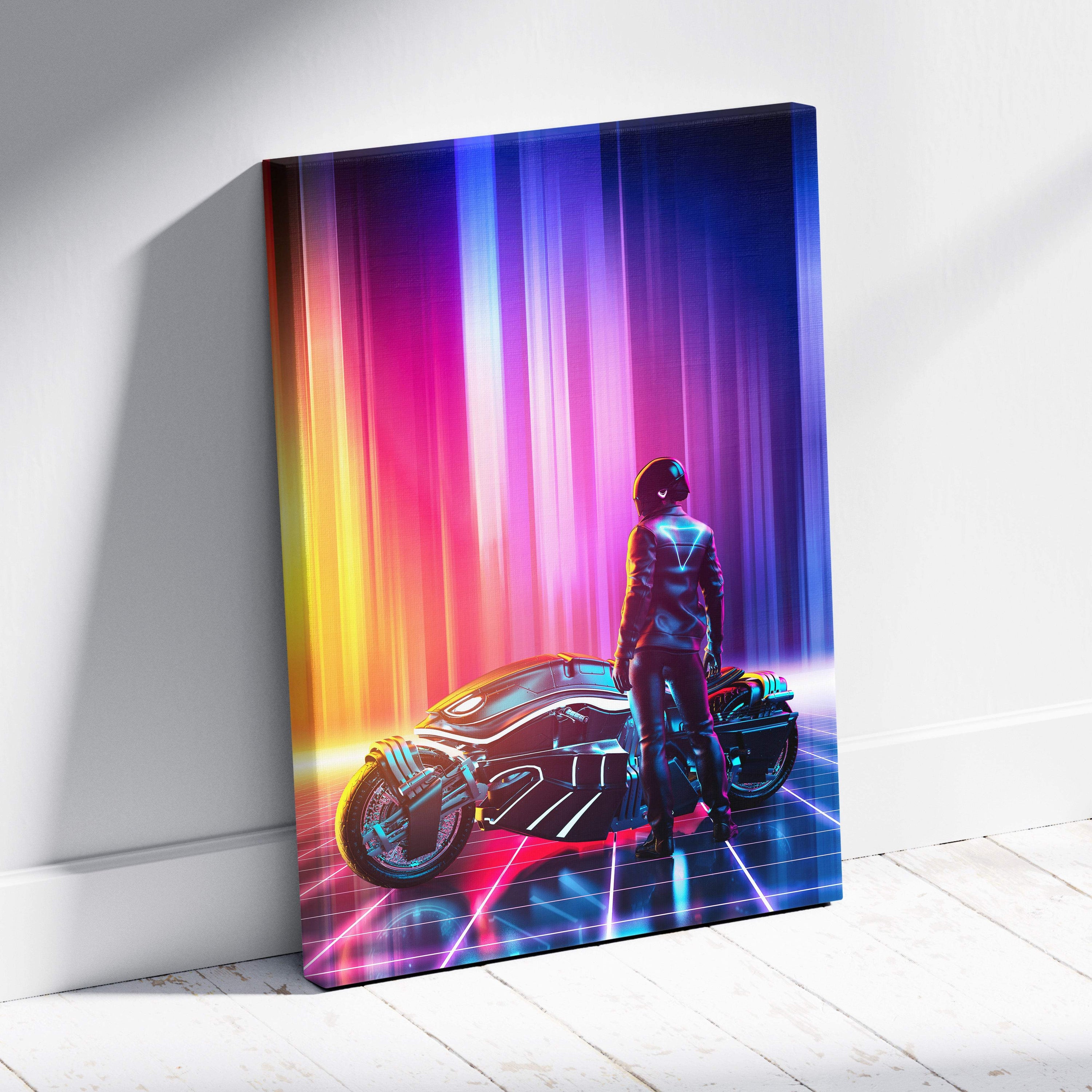 Vibrant neon cyberpunk motorcycle canvas art with sleek black armored rider and glowing pink purple blue gradient lights
