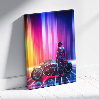 Vibrant neon cyberpunk motorcycle canvas art with sleek black armored rider and glowing pink purple blue gradient lights