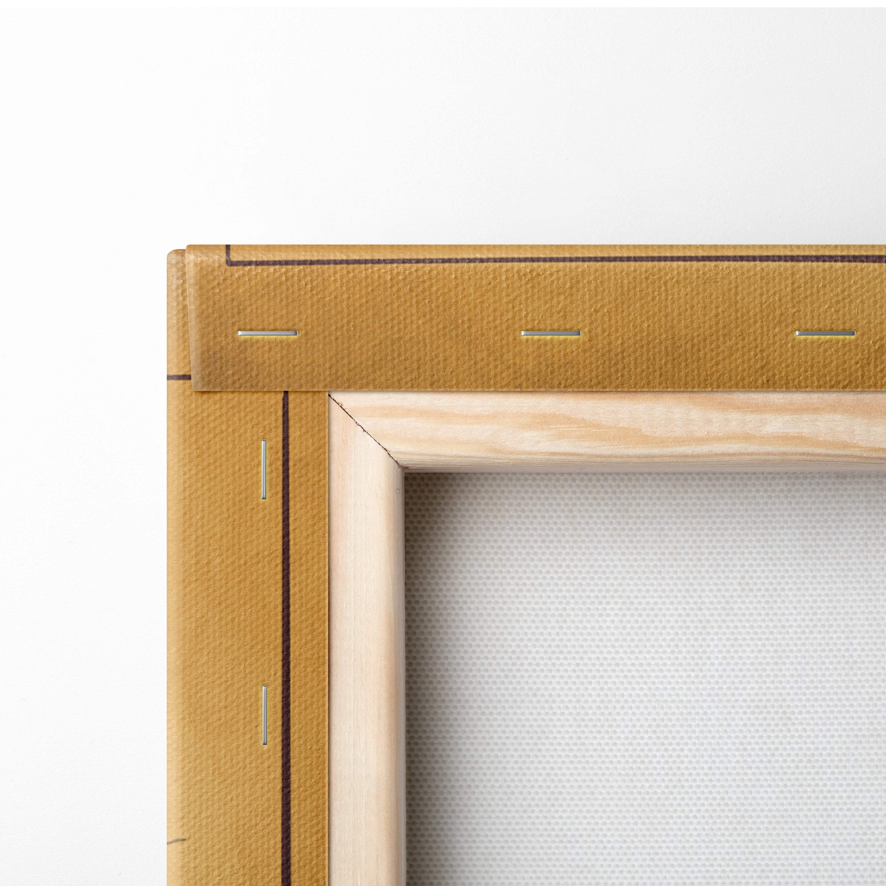 A light brown canvas frame with natural wood inner border and stitching for japanese pagoda maple leaf wall art