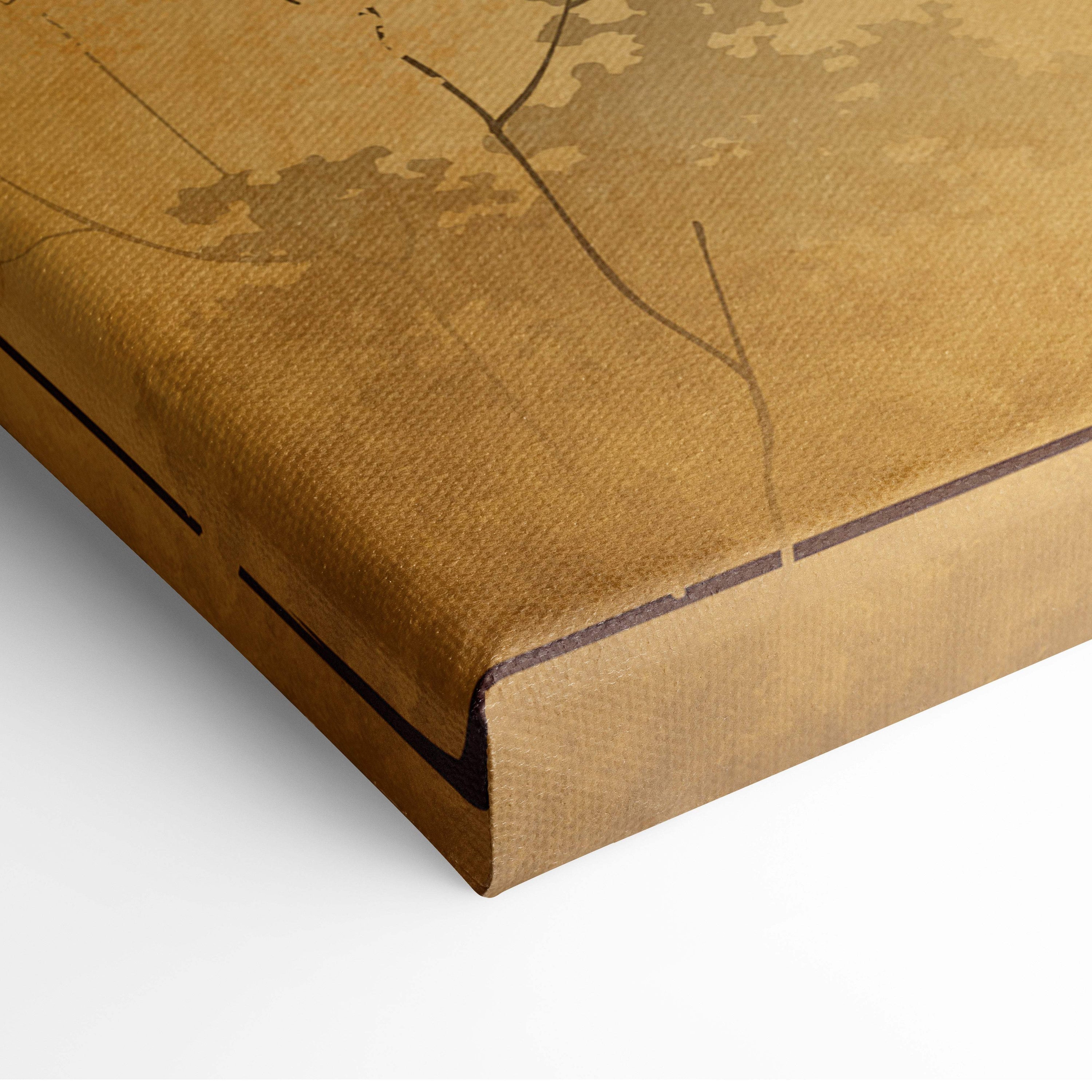 Textured gold canvas print with minimalist tree branch design japanese pagoda maple leaf warm autumn wall art