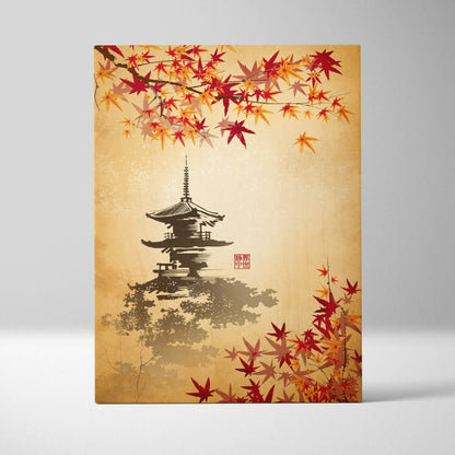 Japanese pagoda maple leaf canvas wall art with black ink pagoda and red orange maple leaves on beige textured background