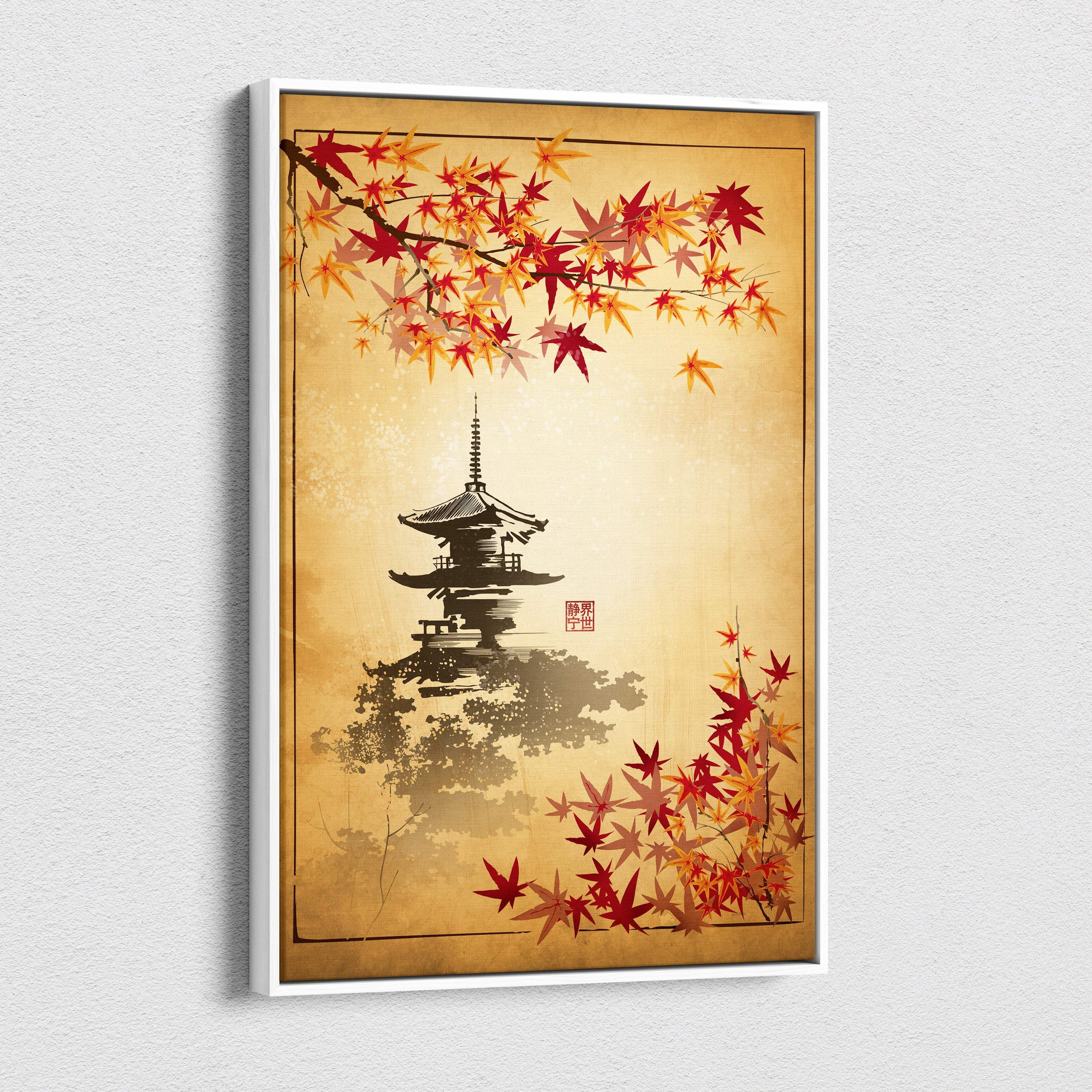 A framed Japanese pagoda canvas wall art with red and orange maple leaves on a warm sepia background for autumn decor