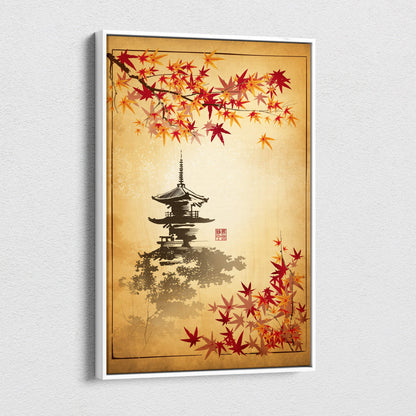 A framed Japanese pagoda canvas wall art with red and orange maple leaves on a warm sepia background for autumn decor