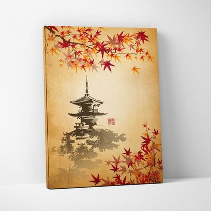 Japanese pagoda maple leaf canvas wall art with black ink pagoda and red orange leaves on beige background for autumn decor