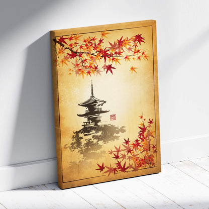 Rectangular canvas print of black ink Japanese pagoda with red and orange maple leaves on sepia background for wall art