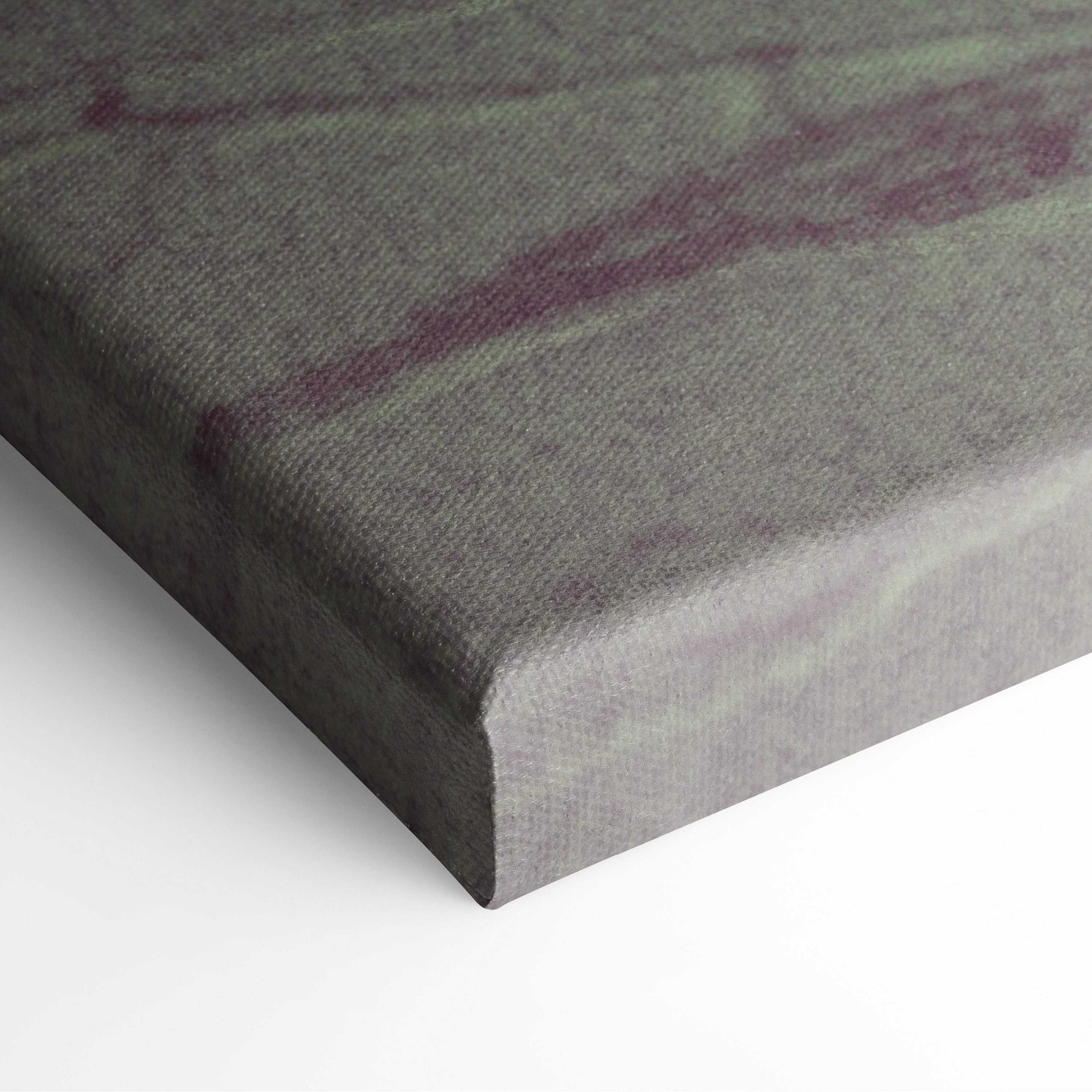 Gray canvas print with subtle purple and green abstract streaks featuring moody cracked earth botanical floral art for bedroom