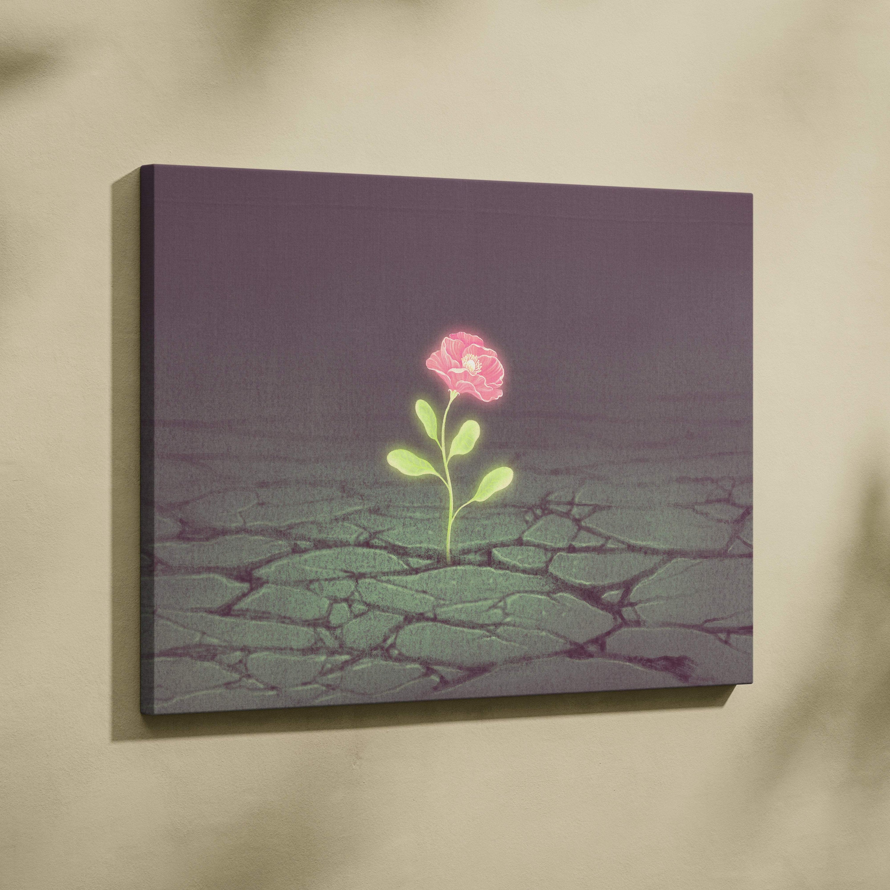 Contemporary red flower canvas wall art featuring a glowing pink bloom with green leaves on cracked earth background