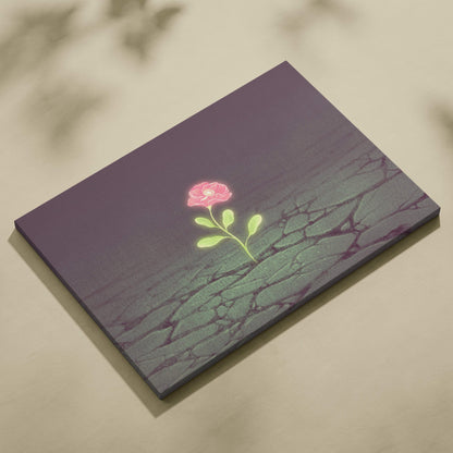A rectangular canvas print of a glowing pink rose with green leaves on moody cracked purple and gray earth background