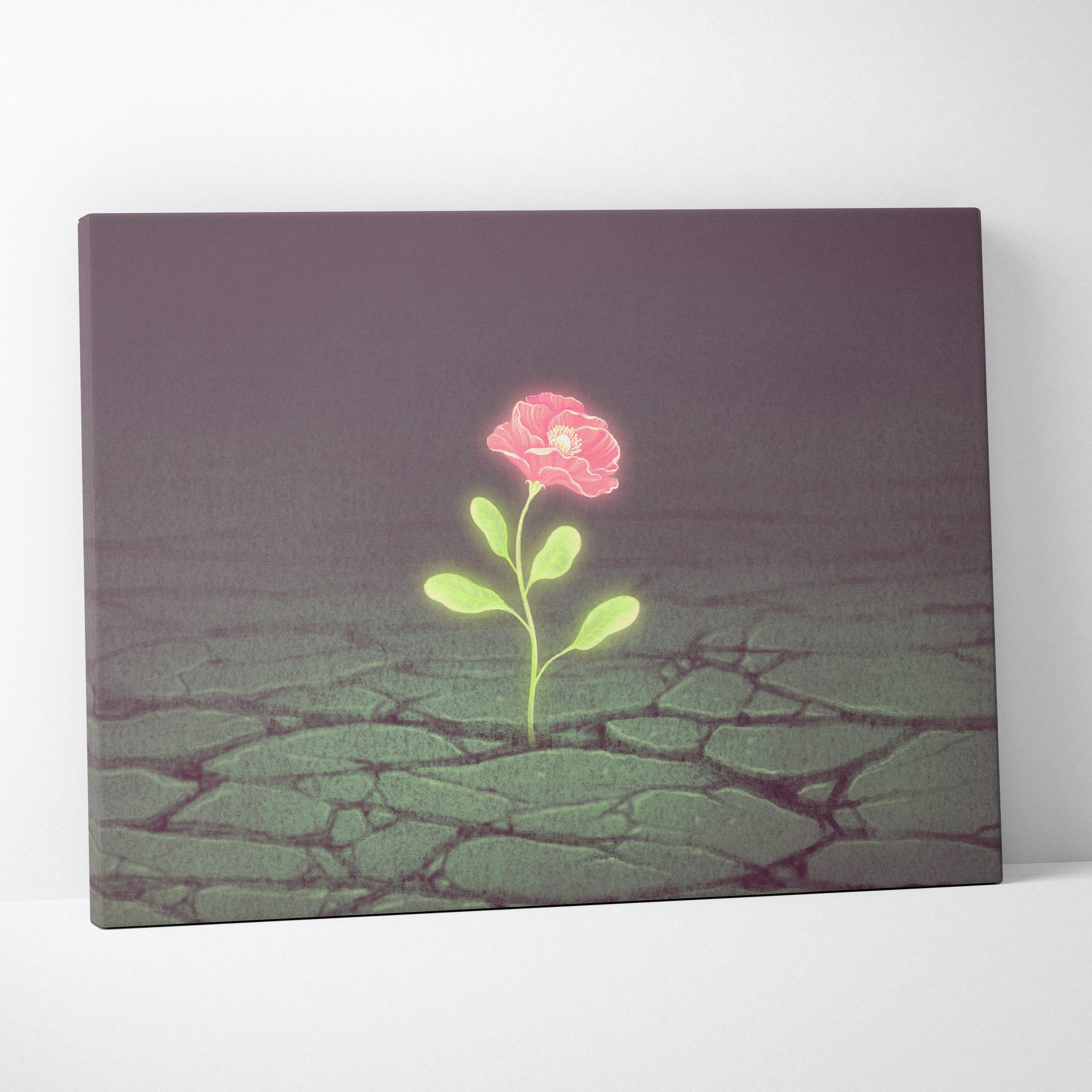 Contemporary canvas print of a glowing pink flower with green leaves on cracked earth for bedroom decor