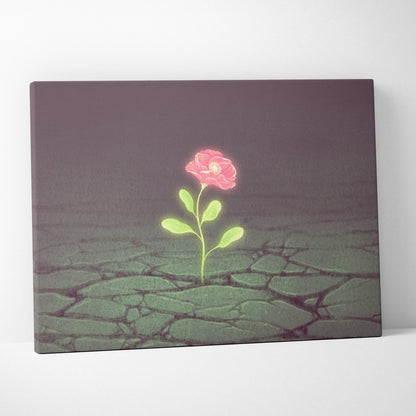 Contemporary canvas print of a glowing pink flower with green leaves on cracked earth for bedroom decor