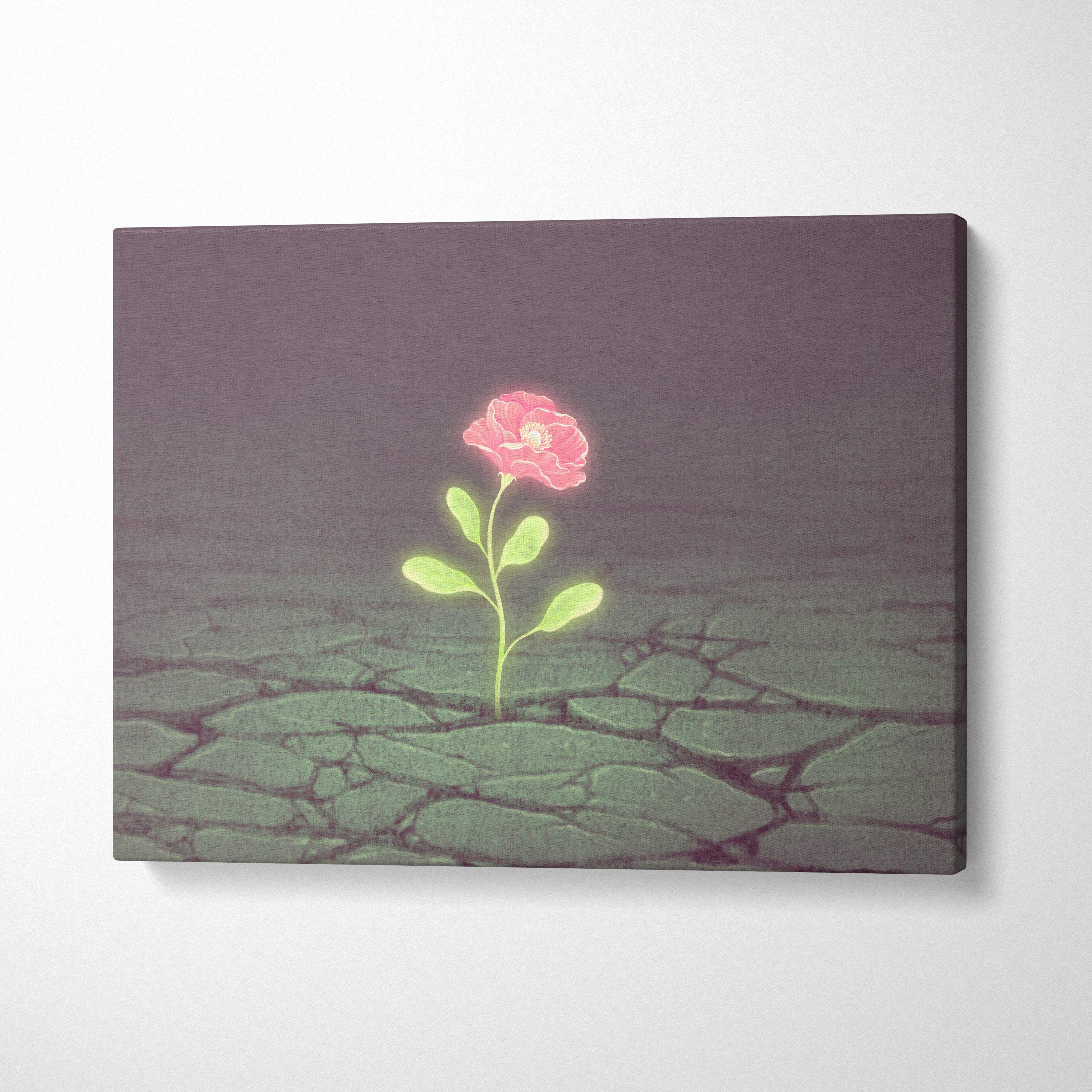 Contemporary canvas wall art featuring a glowing pink flower with green leaves on cracked earth against purple background