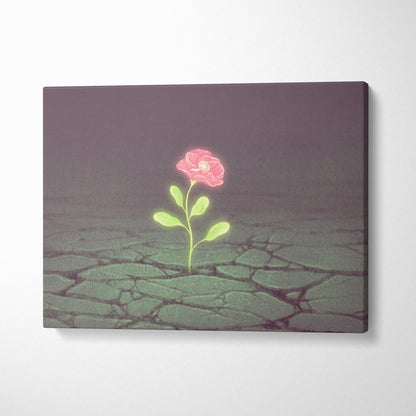 Contemporary canvas wall art featuring a glowing pink flower with green leaves on cracked earth against purple background