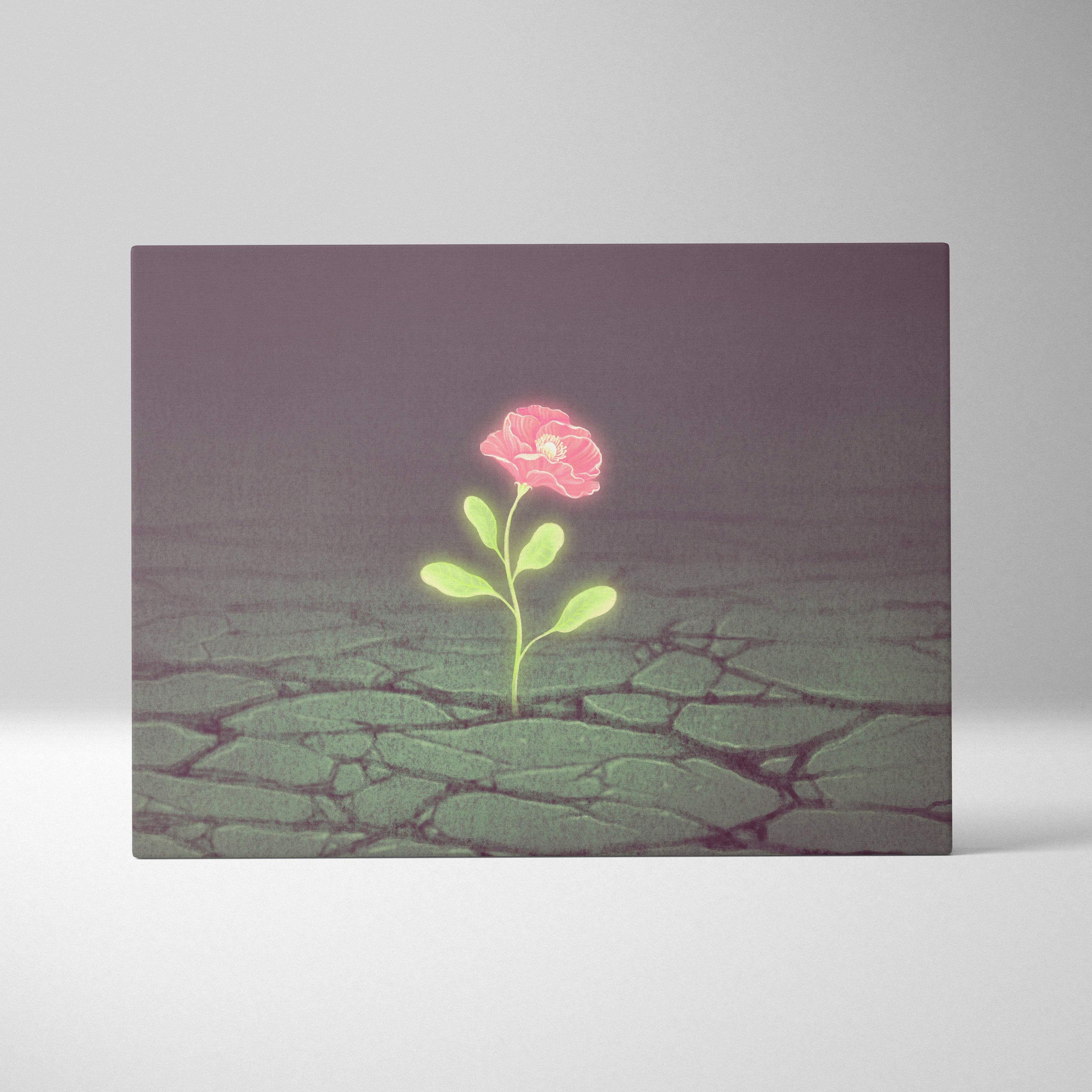 Rectangular canvas wall art featuring a glowing pink flower with green leaves on cracked earth for bedroom decor