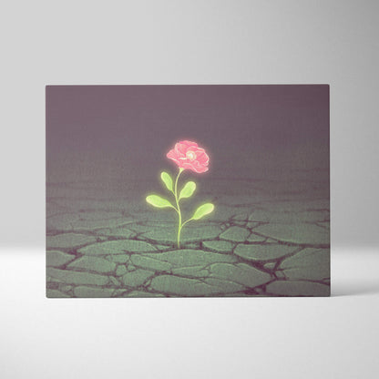 Rectangular canvas wall art featuring a glowing pink flower with green leaves on cracked earth for bedroom decor
