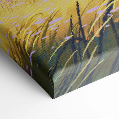 Warrior horse canvas print featuring a stylized field of tall grass in warm yellows deep greens and purple accents