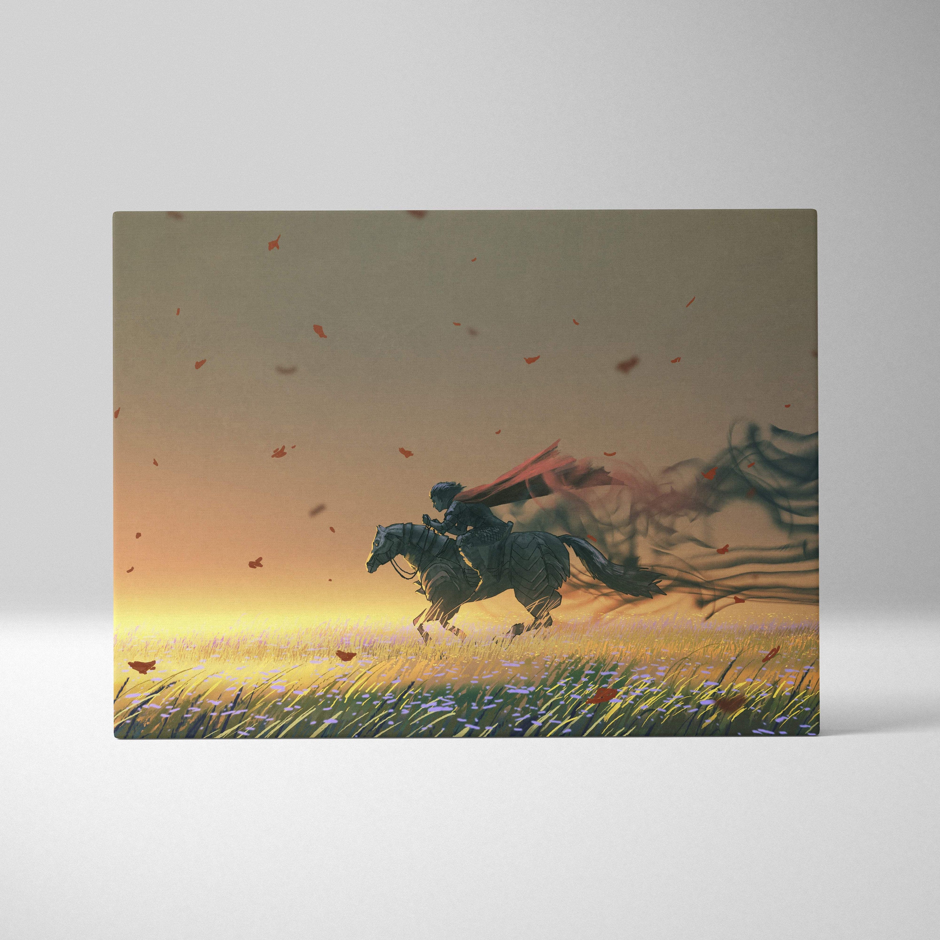 Warrior horse canvas print showing a lone rider galloping through a golden field with red leaves at sunset