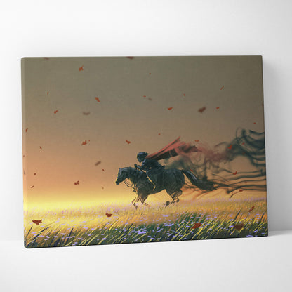 Warrior horse canvas print with stylized rider galloping through sunset field in gold red hues for dramatic decor