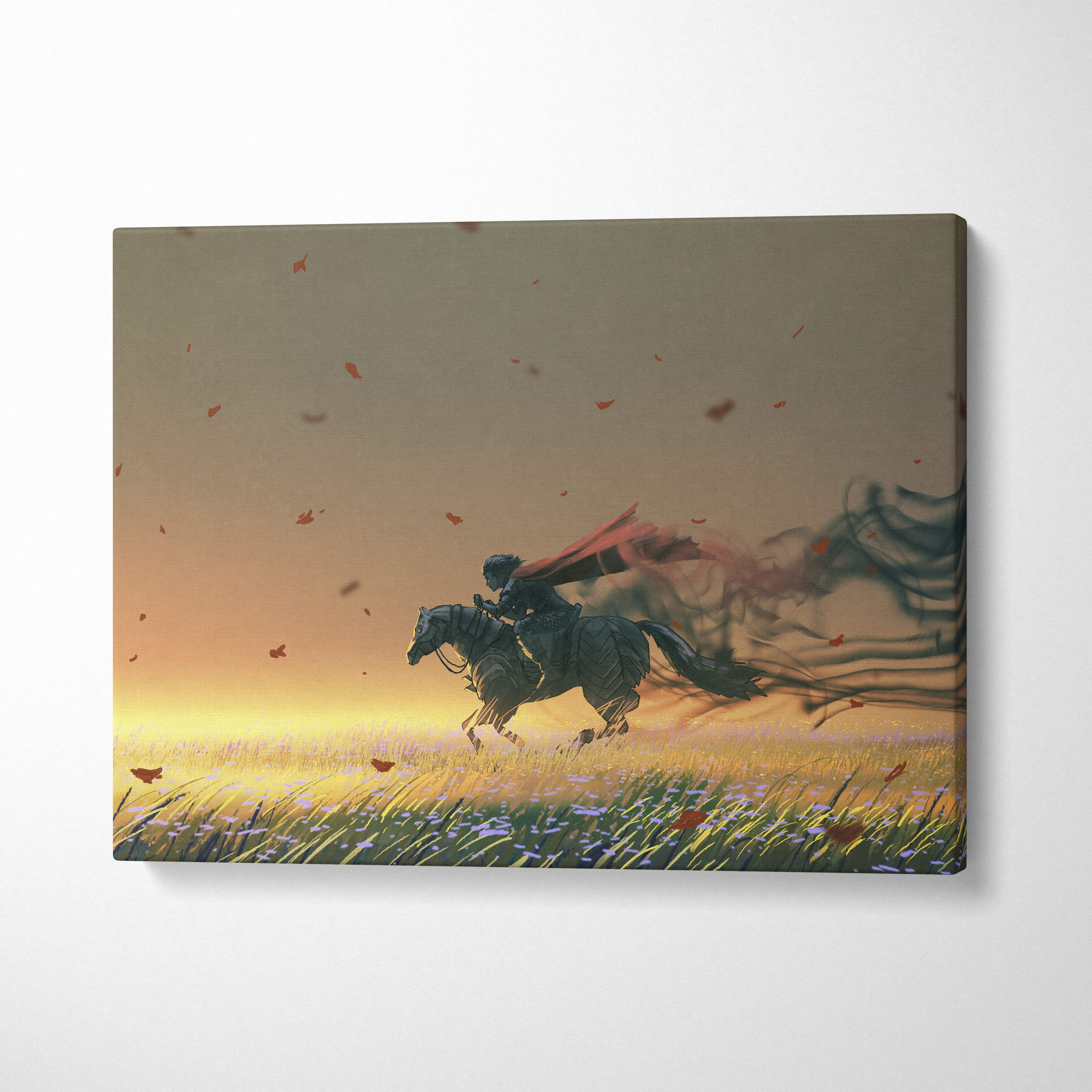 Warrior horse canvas print depicting a rider galloping through a sunset field with gold red hues and floating leaves