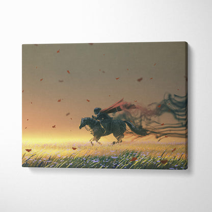 Warrior horse canvas print depicting a rider galloping through a sunset field with gold red hues and floating leaves