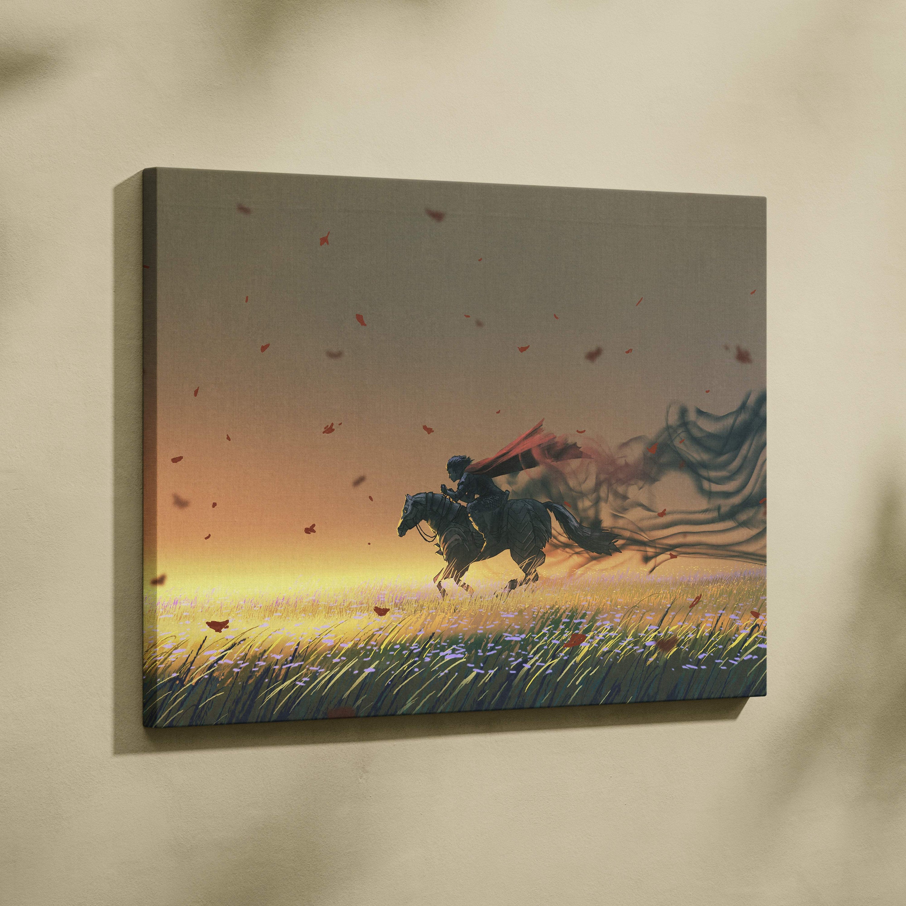 Warrior horse canvas print featuring a lone rider galloping through a red petal sunset field in warm gold and orange tones