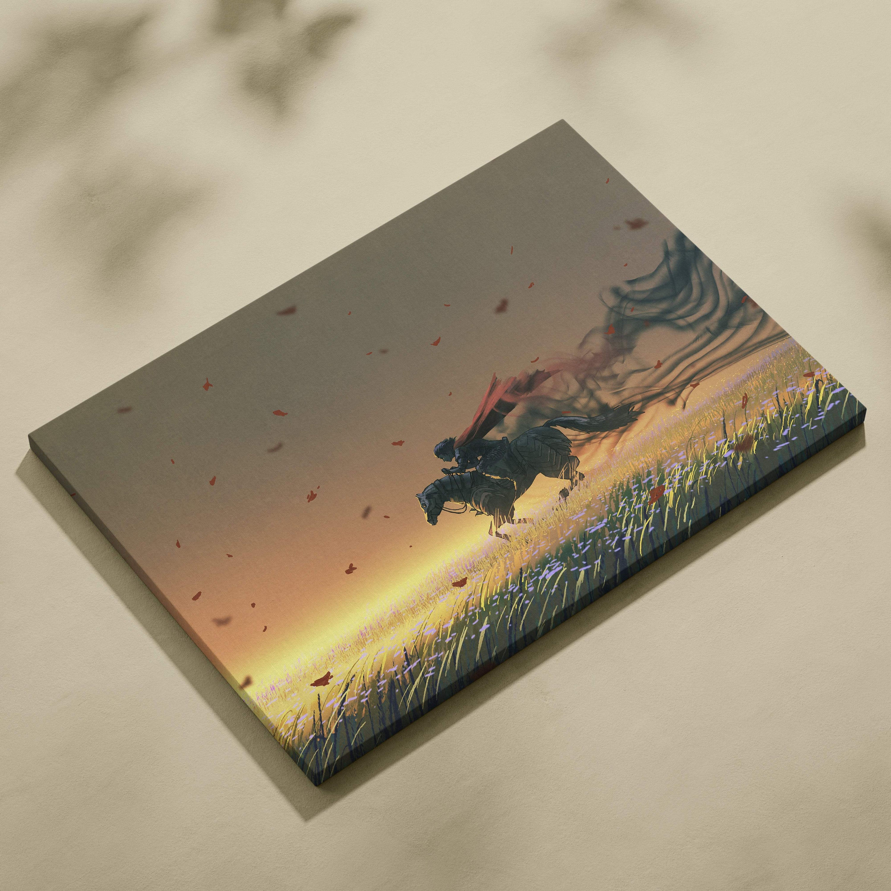 Warrior horse rectangular canvas print with gold red fantasy rider and sunset petals in cinematic painting style