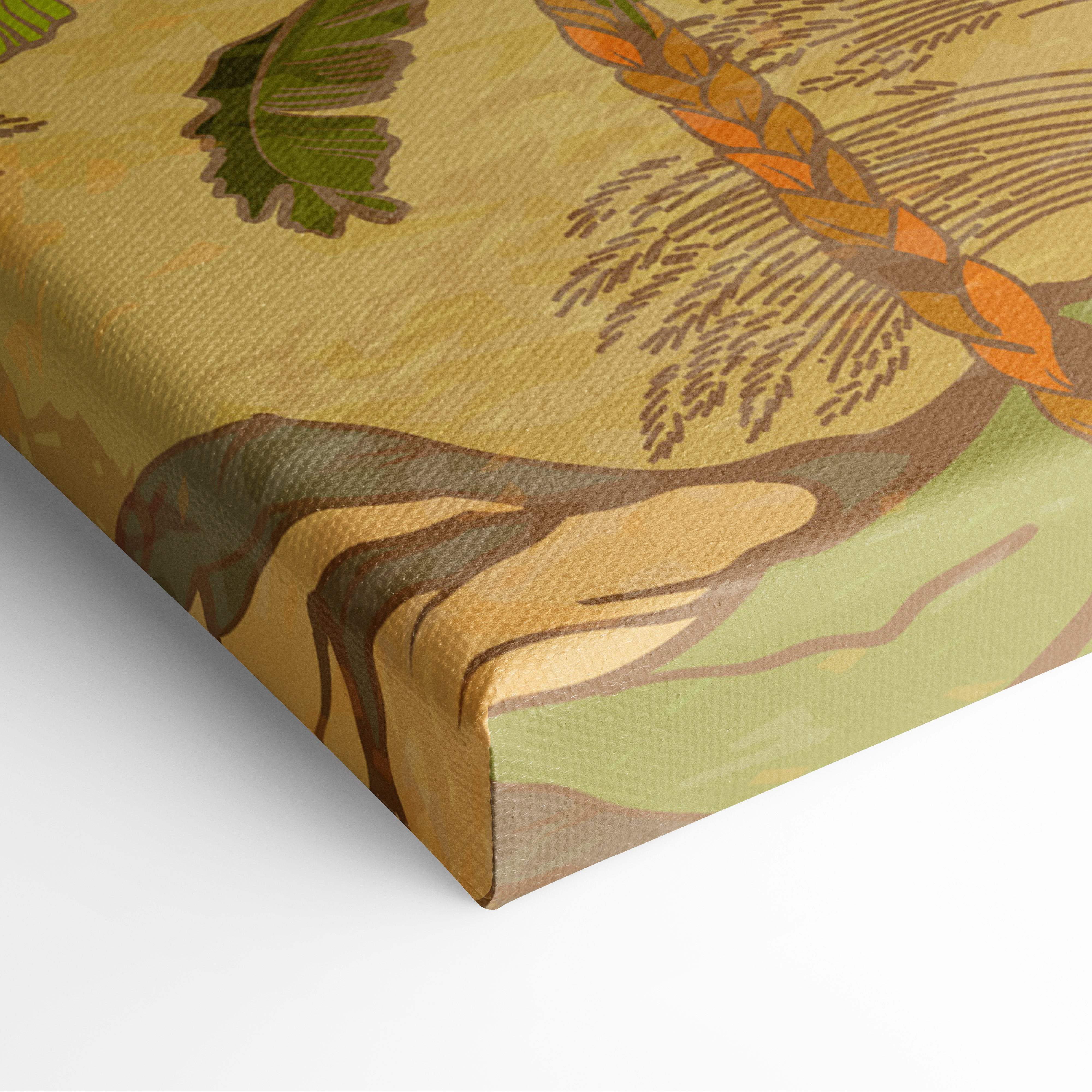 Vintage japanese harvest canvas print with stylized wheat stalks in earthy tones on textured mustard yellow background