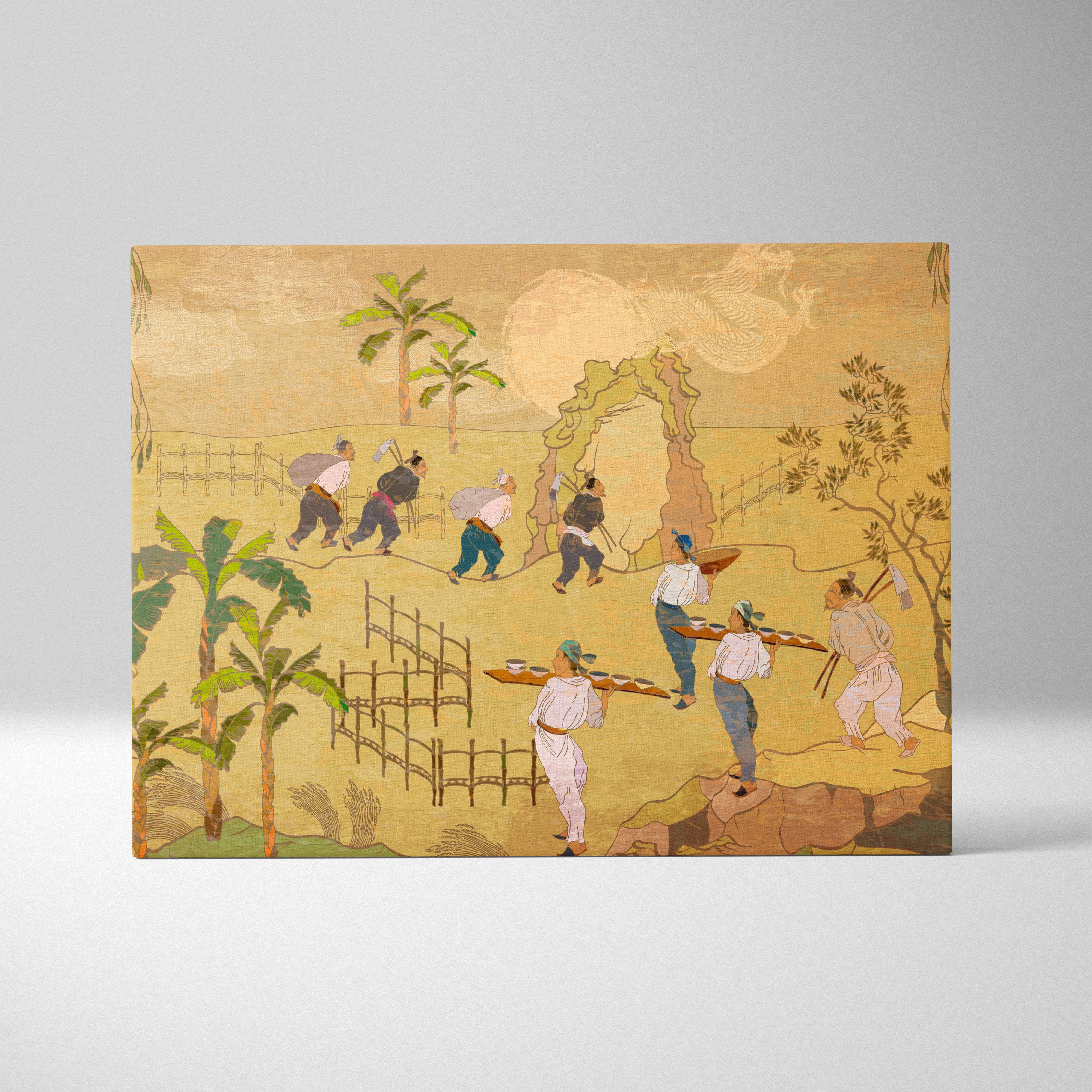 A rectangular canvas print featuring golden hued vintage japanese harvest workers in a tropical village landscape
