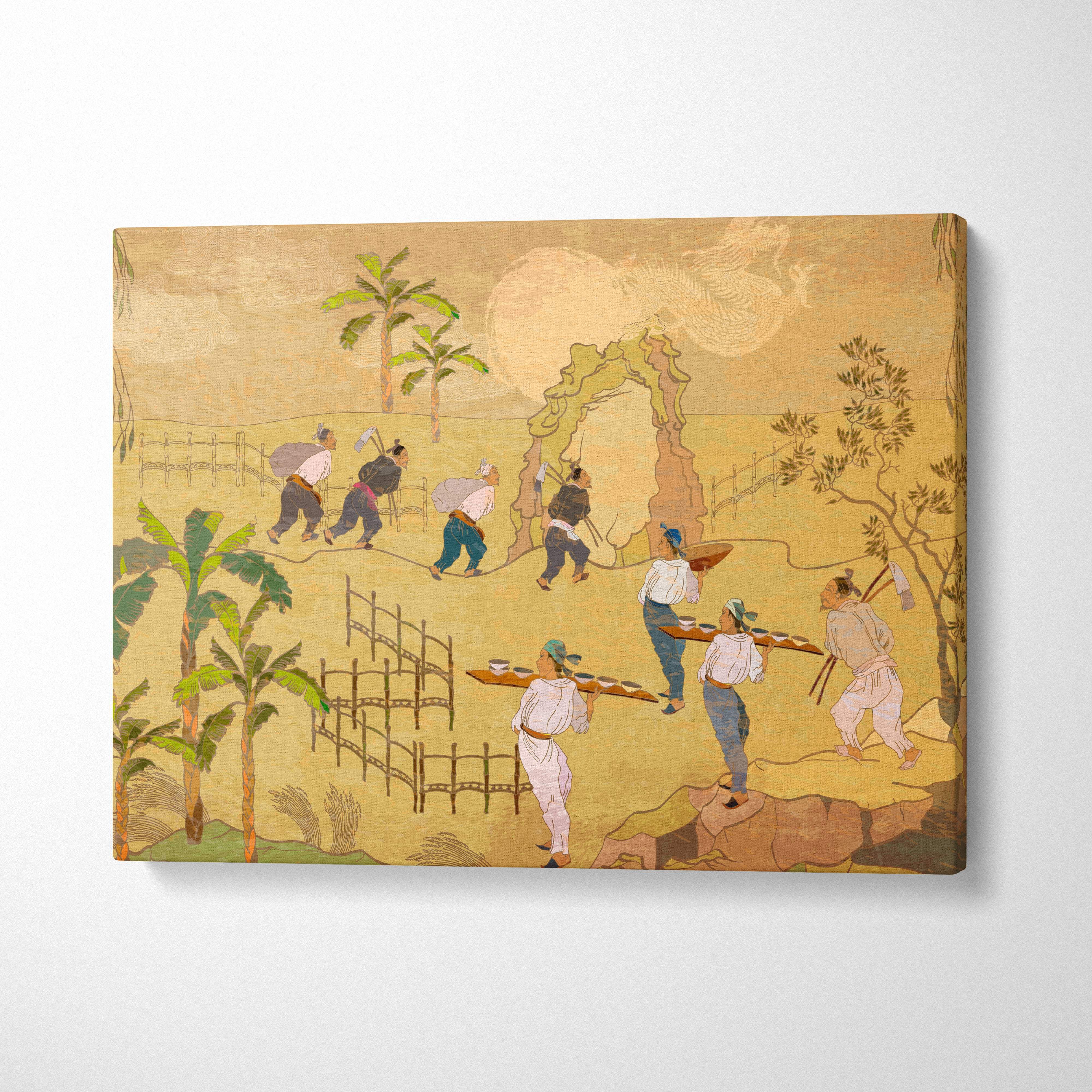 Rectangular canvas print of vintage Japanese harvest artwork with workers in earthy tones for living room decor