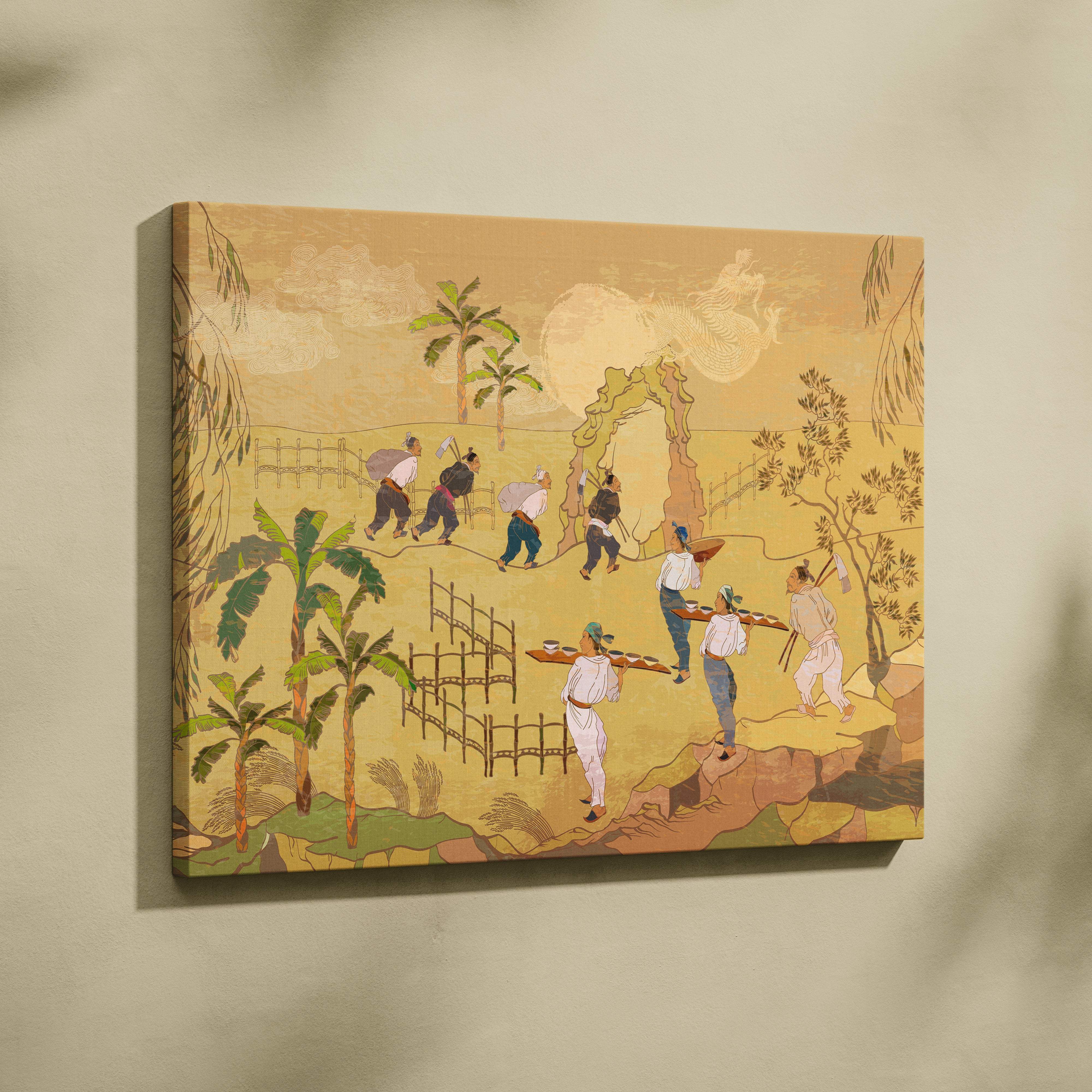 Beige canvas print featuring vintage japanese harvest scene with workers and tropical landscape for wall art decor