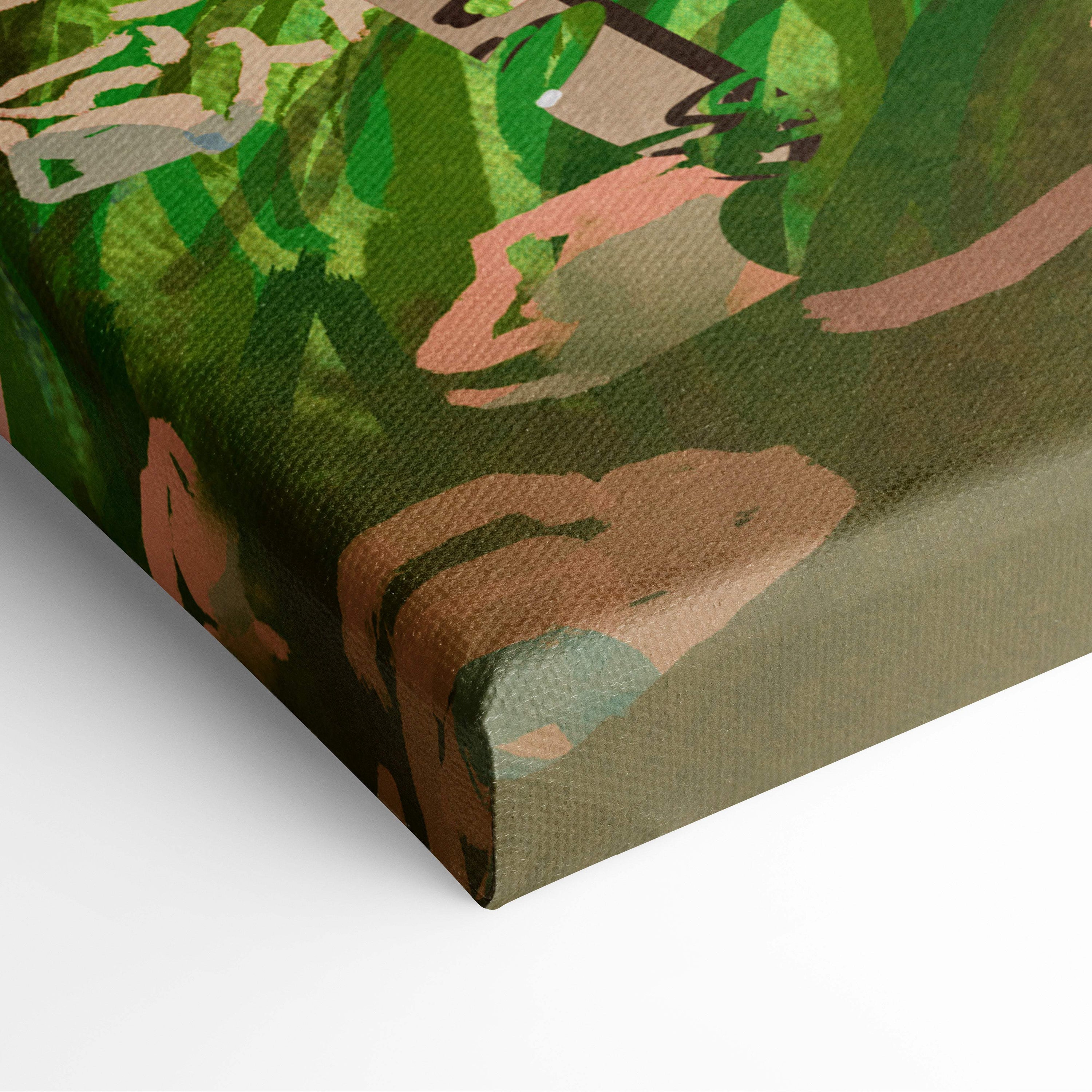 Green and brown camouflage canvas art piece featuring minimalist samurai with katana in serene blossom field decor
