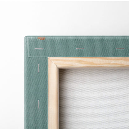 Teal canvas frame with light wood inner border for samurai in blossom field minimalist japanese warrior wall art