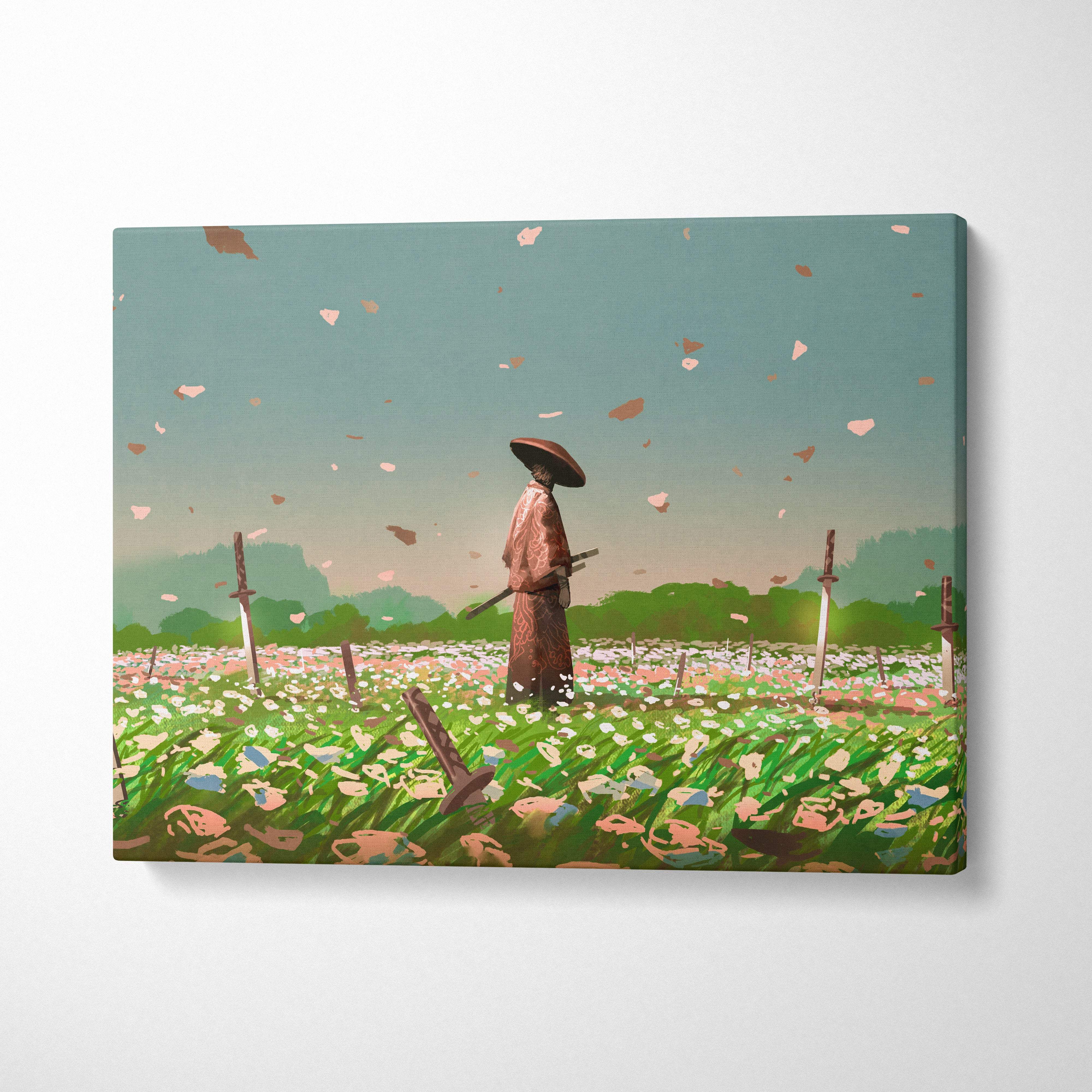 Rectangular canvas print of a samurai in traditional attire with katana standing in a pastel blossom field under soft sky