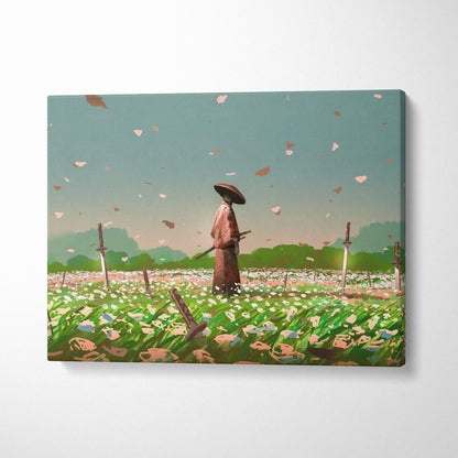 Rectangular canvas print of a samurai in traditional attire with katana standing in a pastel blossom field under soft sky