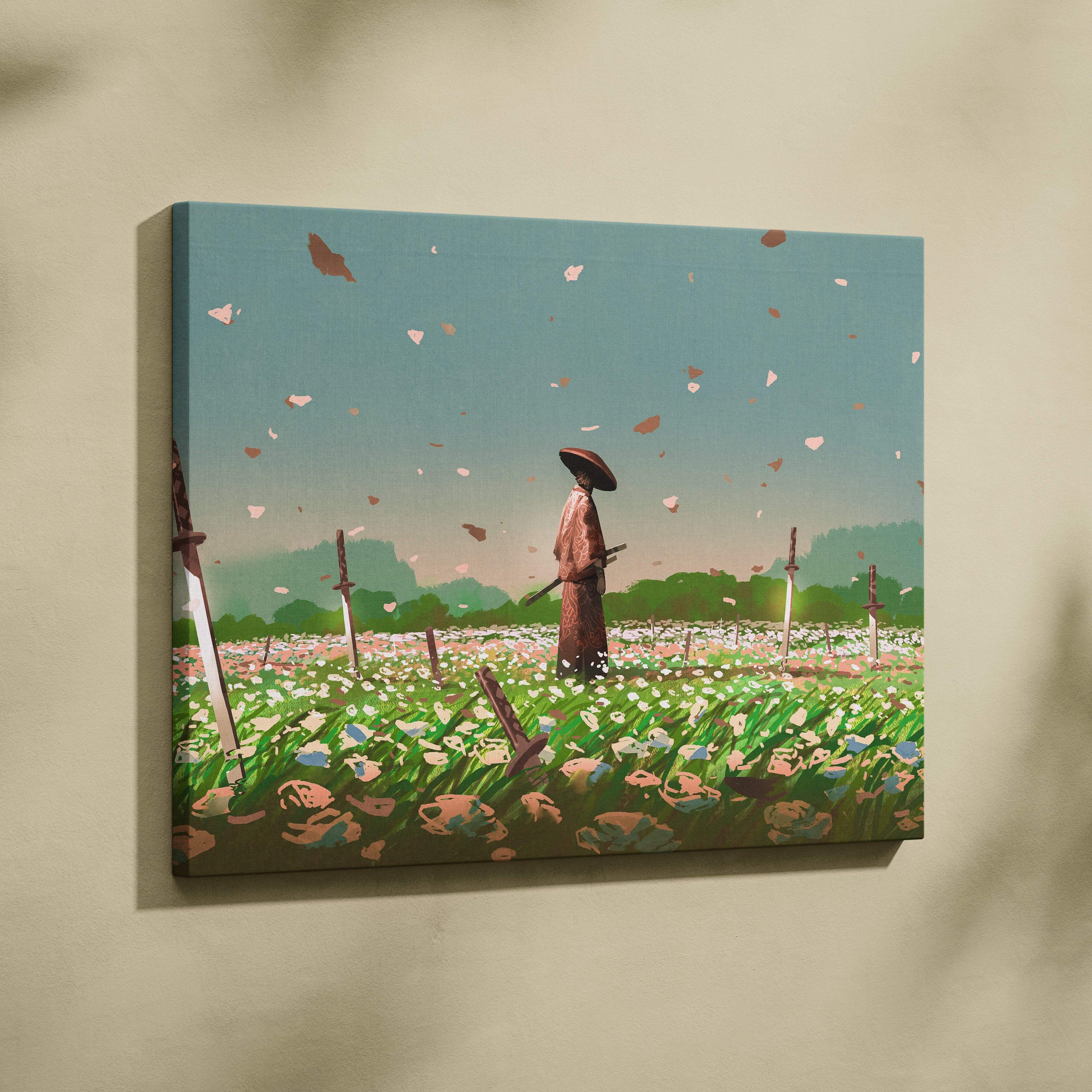 Samurai in blossom field canvas wall art featuring a solitary warrior with katana in a white flower field under a teal sky