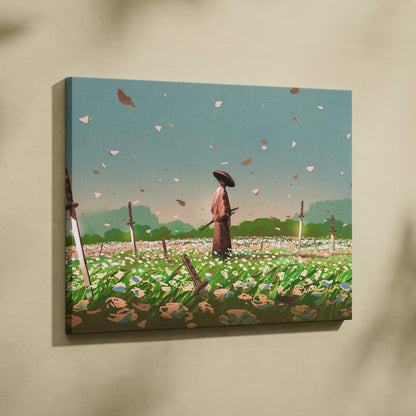 Samurai in blossom field canvas wall art featuring a solitary warrior with katana in a white flower field under a teal sky