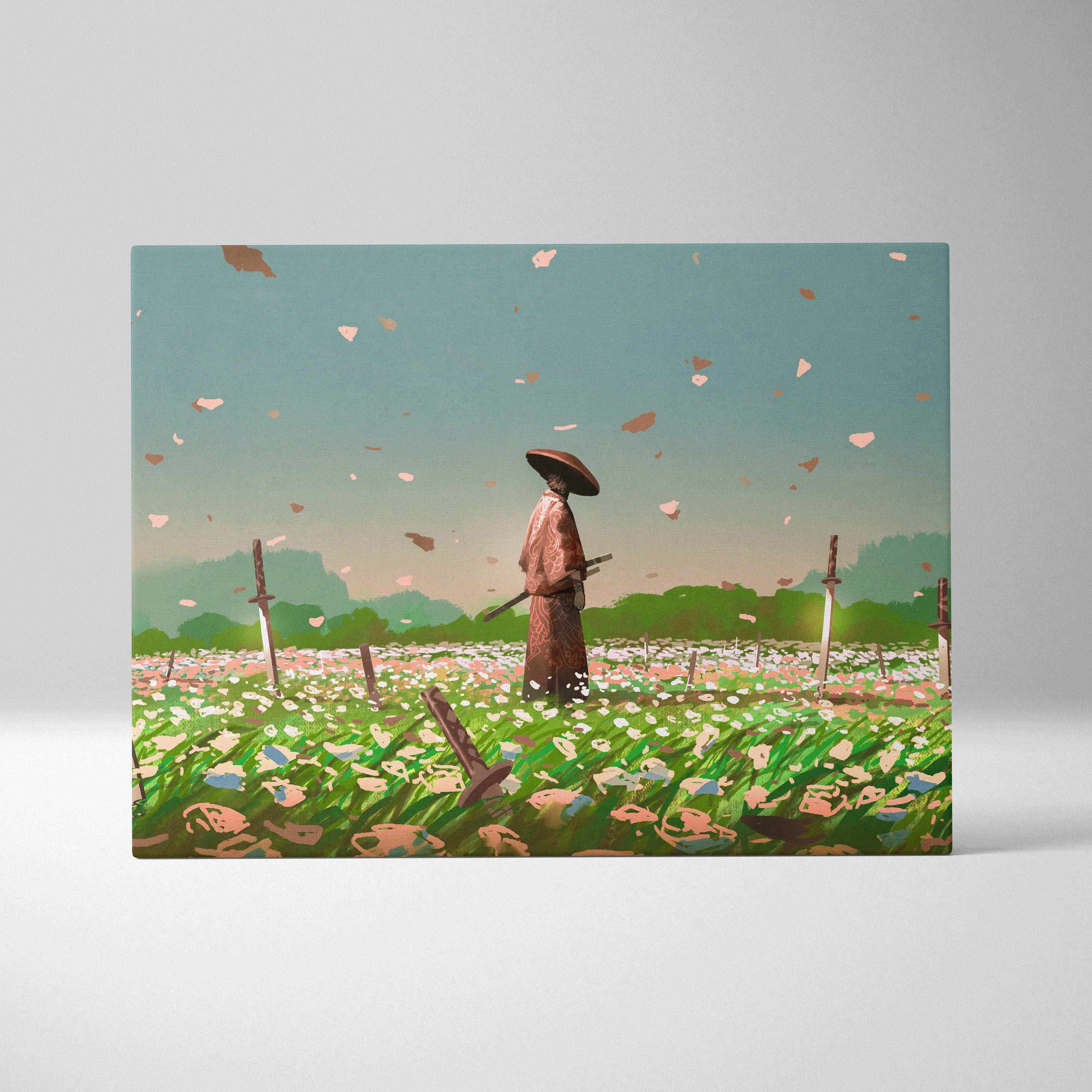 Rectangular canvas wall art of a samurai in traditional attire with katana in a serene pastel blossom field