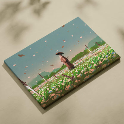 Samurai in blossom field canvas wall art featuring a minimalist japanese warrior with katana and soft pastel flowers