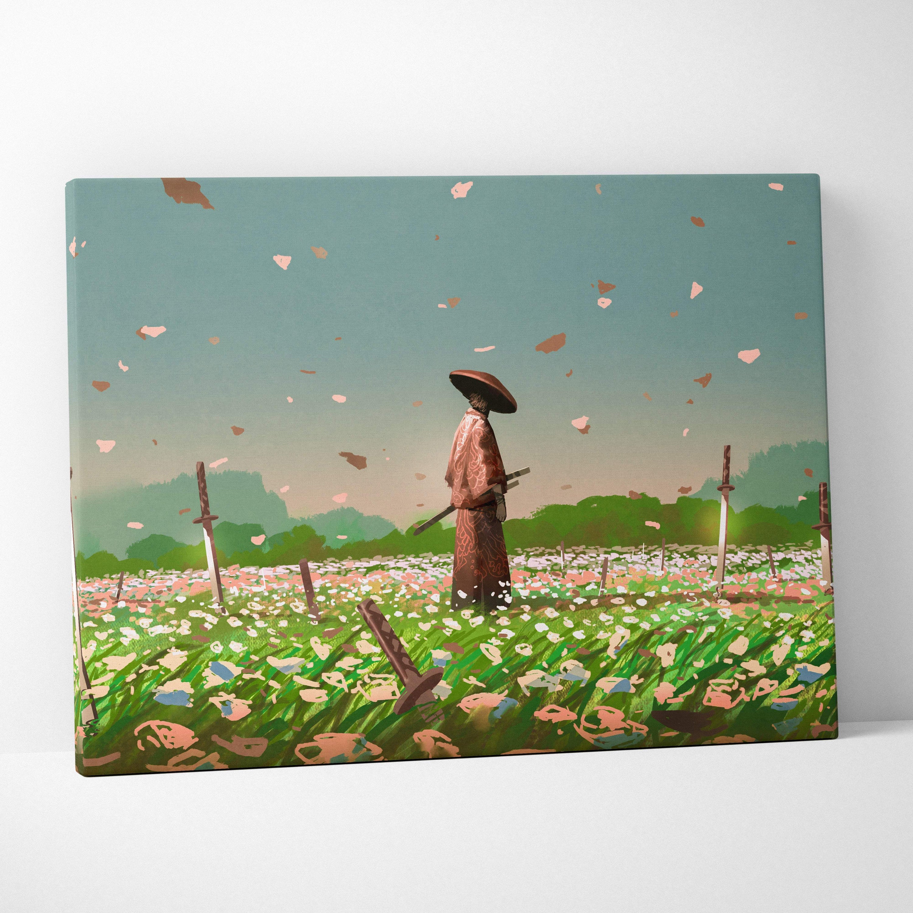 Samurai in blossom field canvas wall art showing a lone warrior in traditional attire with katana in a serene zen landscape