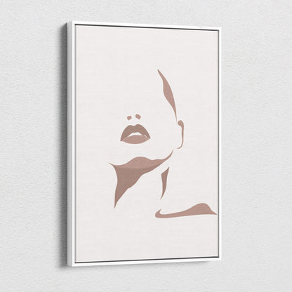 Boho minimalist face canvas wall art with neutral taupe abstract line portrait on beige canvas and white frame