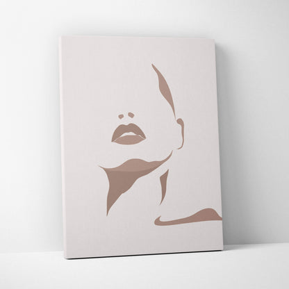 Boho minimalist face canvas wall art with a stylized taupe silhouette on beige for modern feminine decor