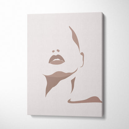 Beige canvas wall art featuring a minimalist silhouette of a woman’s face in neutral taupe tones for boho decor