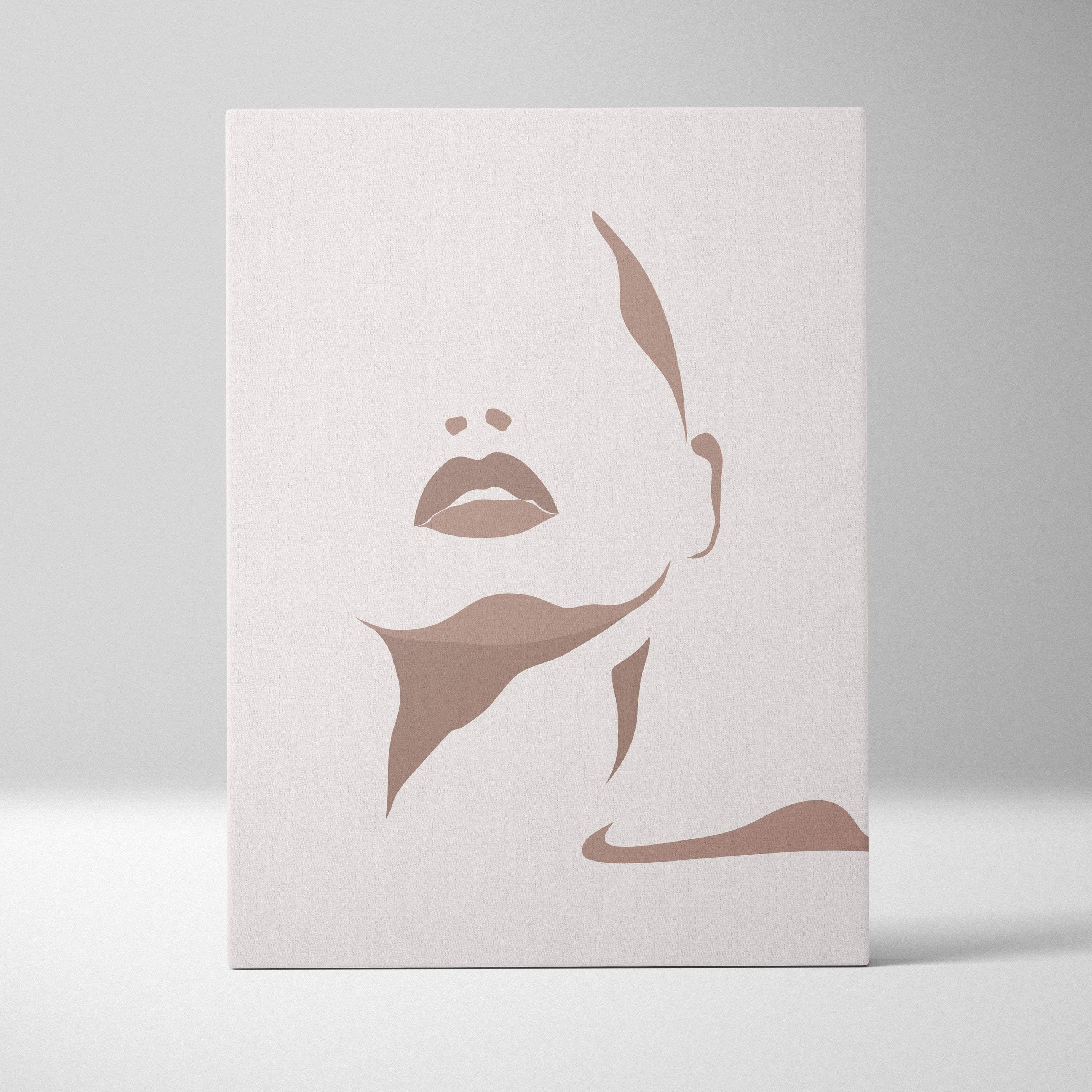 Boho minimalist face canvas wall art featuring a stylized abstract portrait in neutral taupe and cream tones