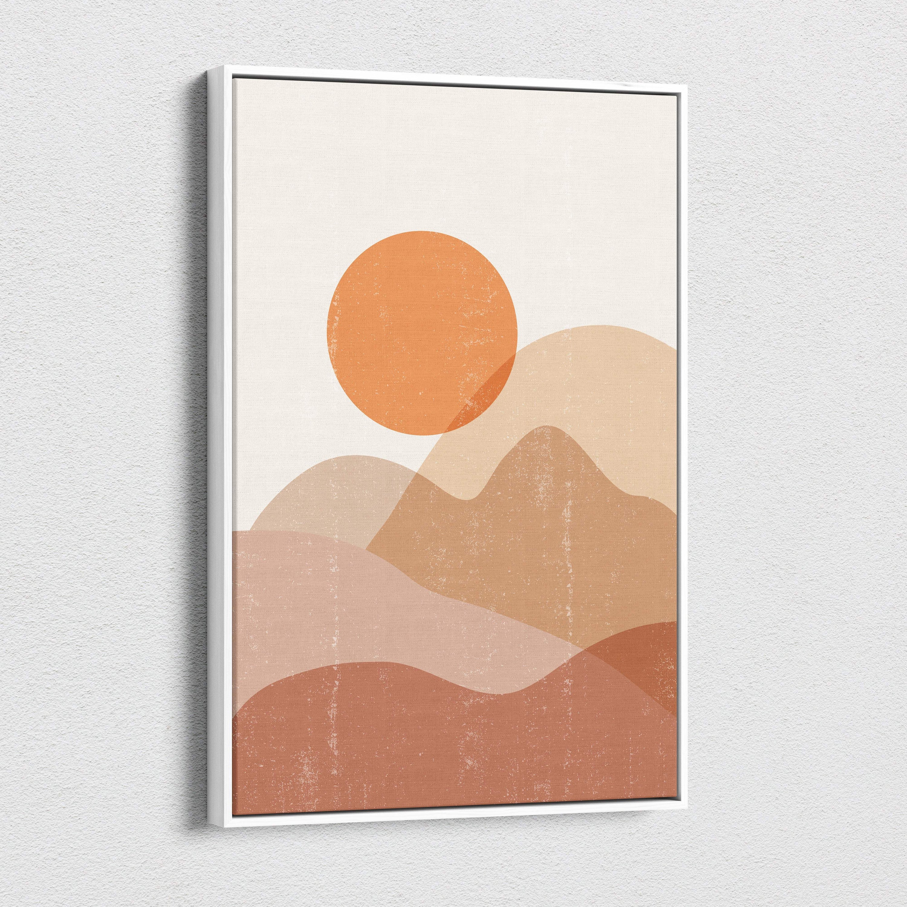 Boho desert sun canvas wall art featuring terracotta and beige abstract mountain silhouettes with orange sun on cream background