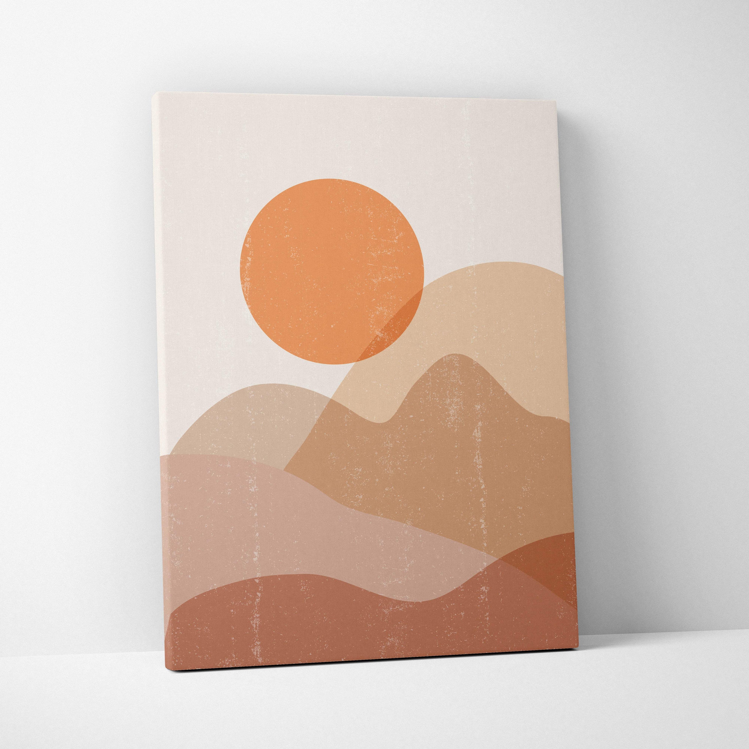 Boho desert sun canvas wall art featuring minimalist abstract terracotta and beige mountain silhouettes with orange sun
