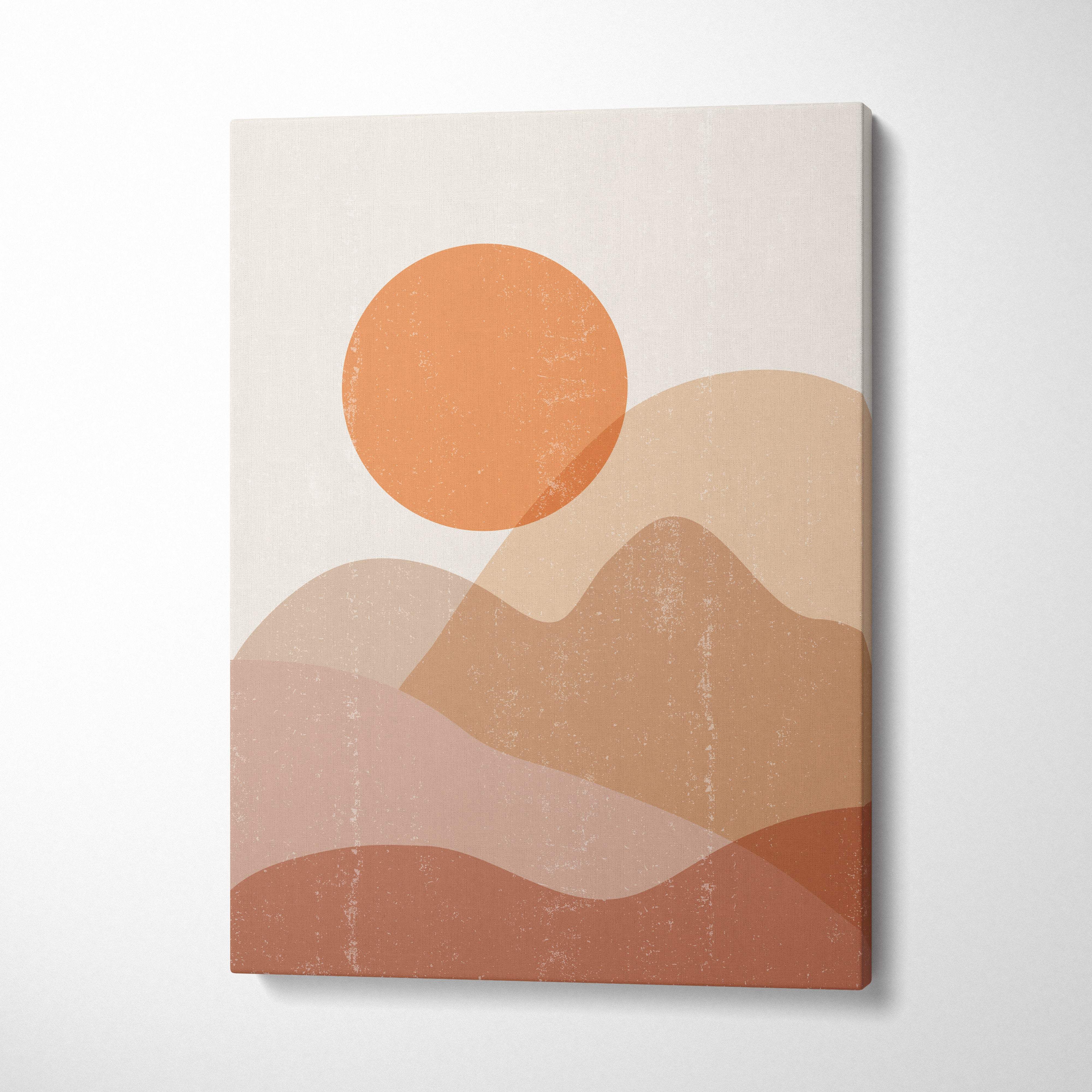Boho desert sun canvas wall art with abstract layered mountain silhouettes in terracotta peach and beige tones