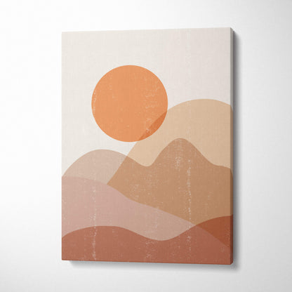 Boho desert sun canvas wall art with abstract layered mountain silhouettes in terracotta peach and beige tones